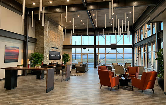 The warm & modern lobby at Sheltair BJC’s new FBO terminal | Photo: Bob Beresh. 